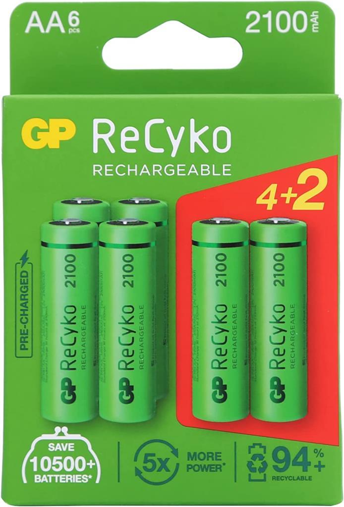 GP Batteries Recyko+ 2100 AA Kalem Ni-MH Şarjlı Pil, 1.2 Volt, 6'lı Kart, 