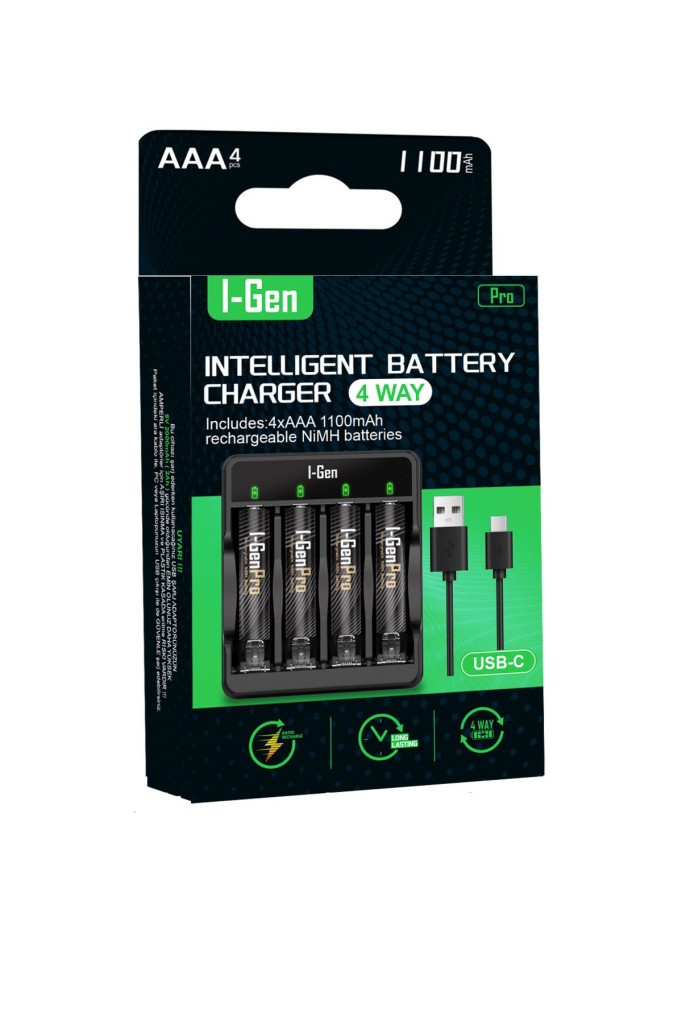 I-Gen G411 4`lü Pil Şarj Aleti + 4 Adet AAA Pro 1100 mAh Şarjlı İnce Kalem Pilli Set I-Gen G411 4`lü Pil Şarj Aleti + 4 Adet AAA Pro 1100 mAh Şarjlı İnce Kalem Pilli Set