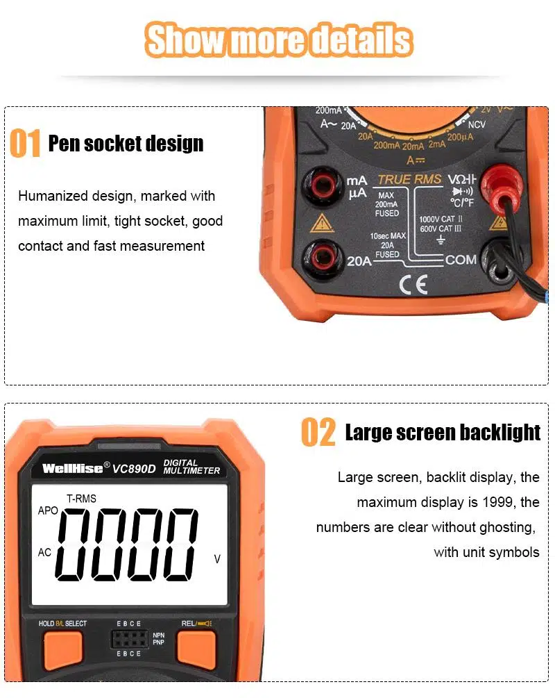 WellHise VC890D Ölçü Aleti Multimetre Avometre NVC Işıklı Ekran El Feneri True RMS WellHise VC890D Ölçü Aleti Multimetre Avometre NVC Işıklı Ekran El Feneri True RMS